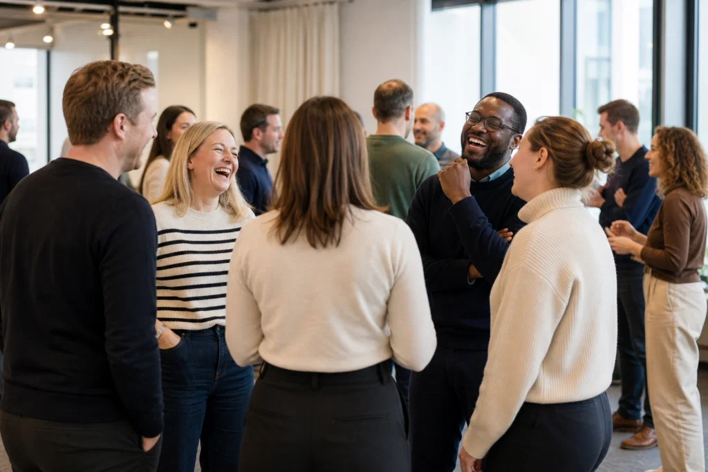 Colleagues laughing during a facilitated funny icebreaker at a corporate team event
