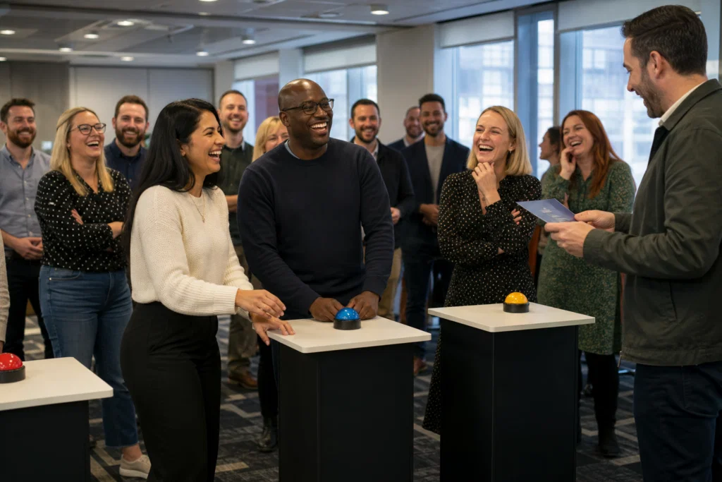 Colleagues laughing during a funny indoor team building game show