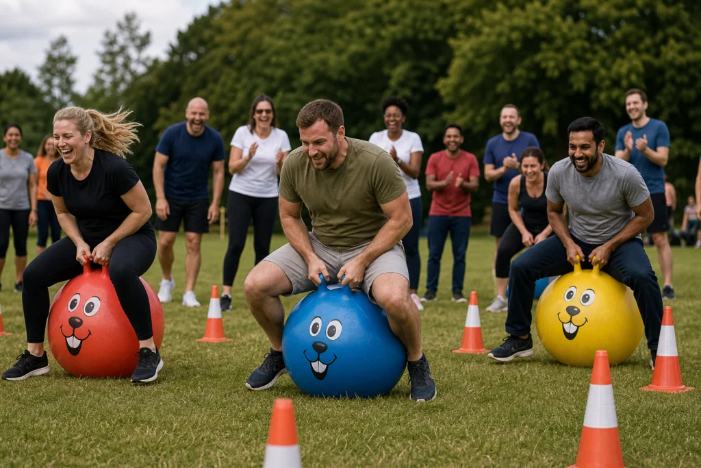 Colleagues laughing during an outdoor company sports day