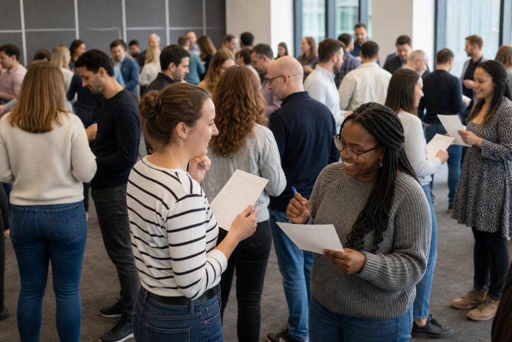 Colleagues playing a large-group human bingo icebreaker indoors
