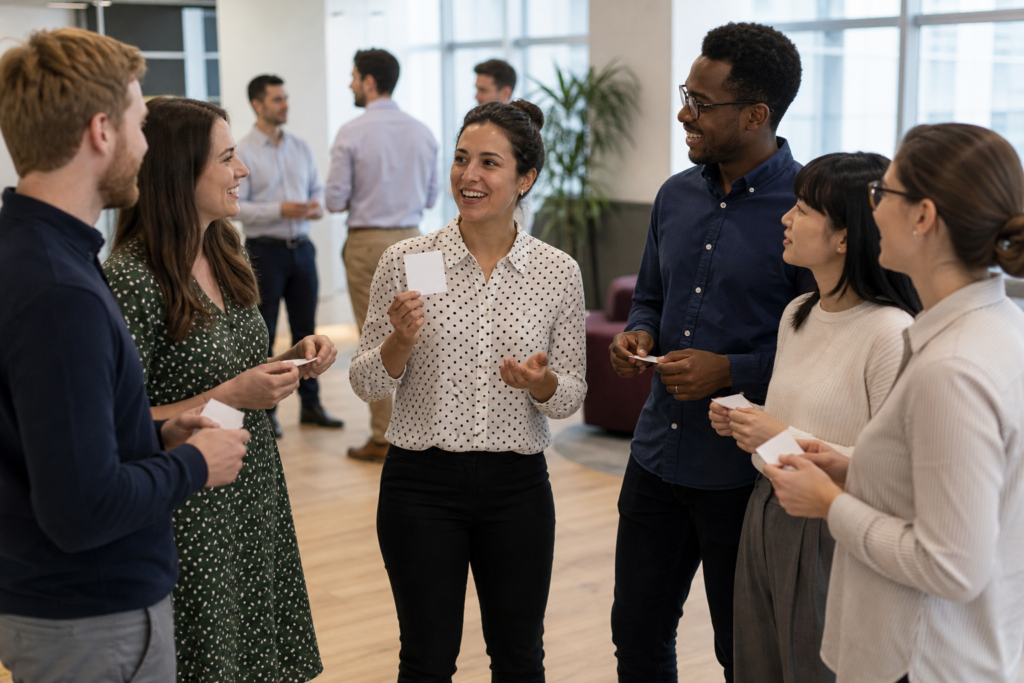 Colleagues playing a quick team game in an office breakout area