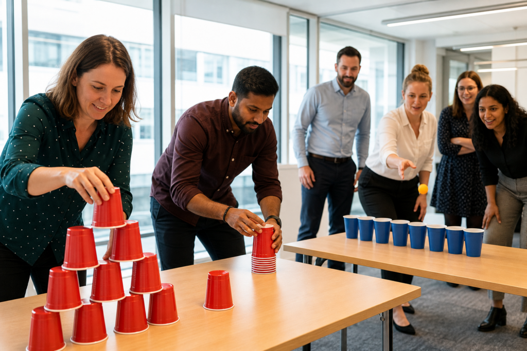 Colleagues playing minute to win it games in an office meeting room