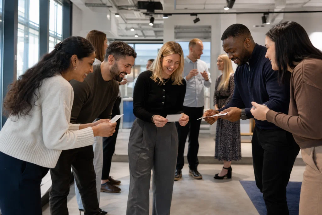 Colleagues playing office games during a workplace team building session