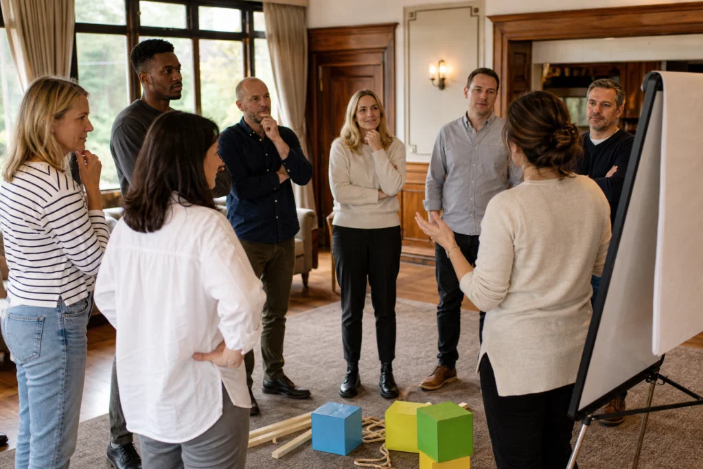 Colleagues reviewing teamwork after a leadership activity