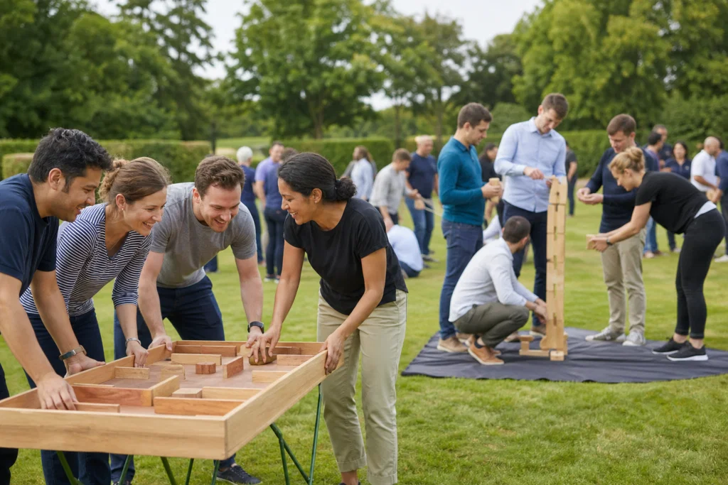 Colleagues rotating between large-group team building challenge stations