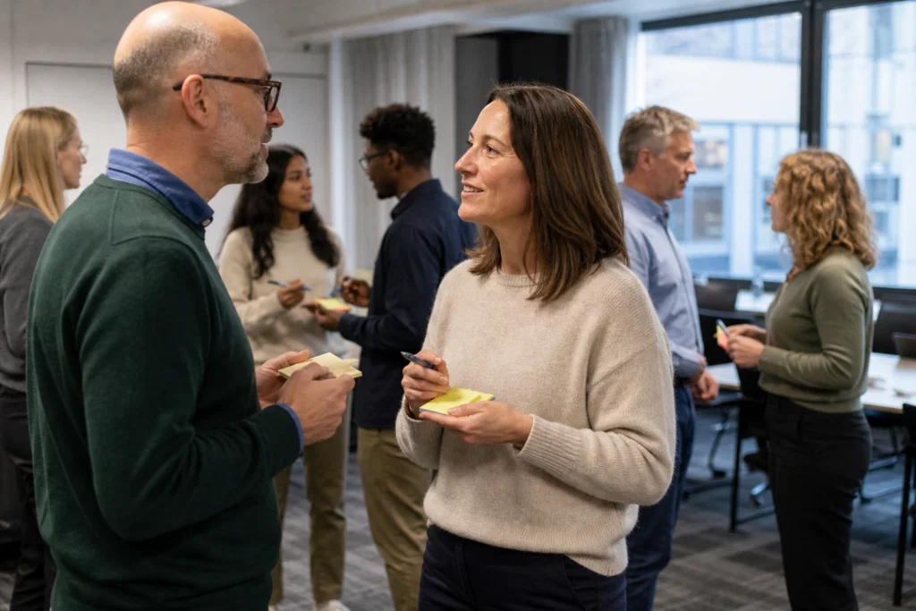 Colleagues sharing quick answers during a workplace icebreaker