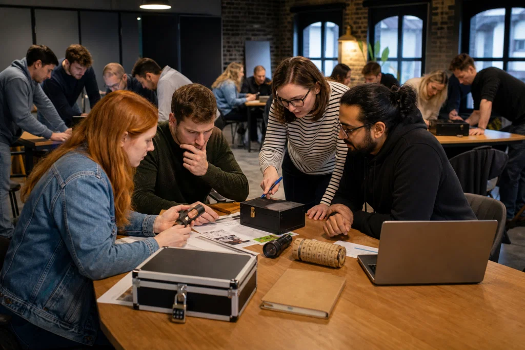 Colleagues solving an indoor cyber escape room team building challenge
