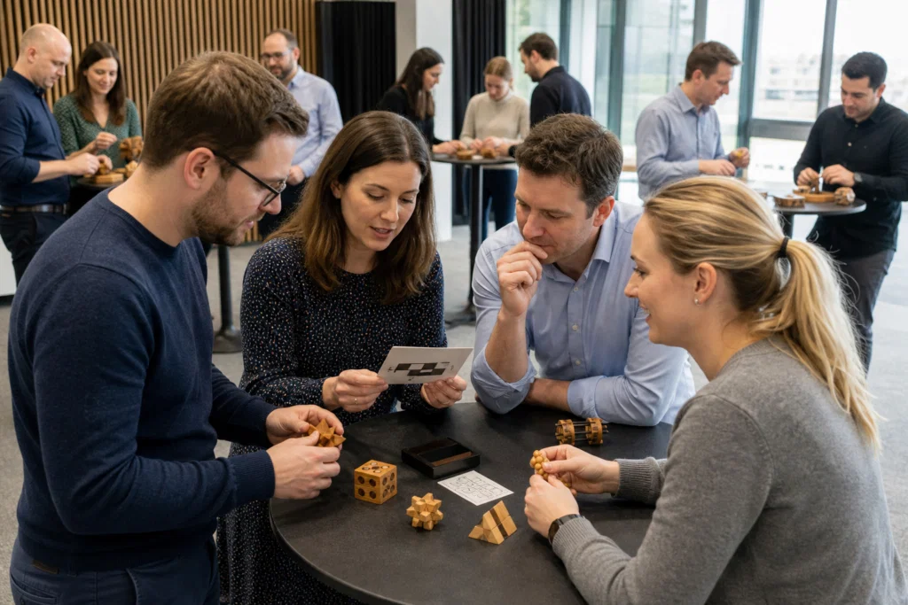 Colleagues solving team building brain teasers at an indoor corporate event