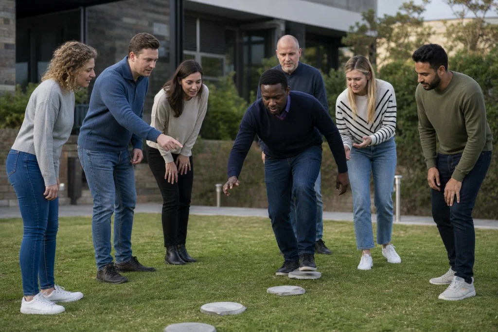 Colleagues supporting one another during a corporate team building challenge