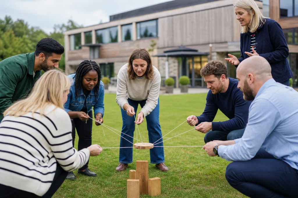 Colleagues taking part in a corporate team building event in the UK.
