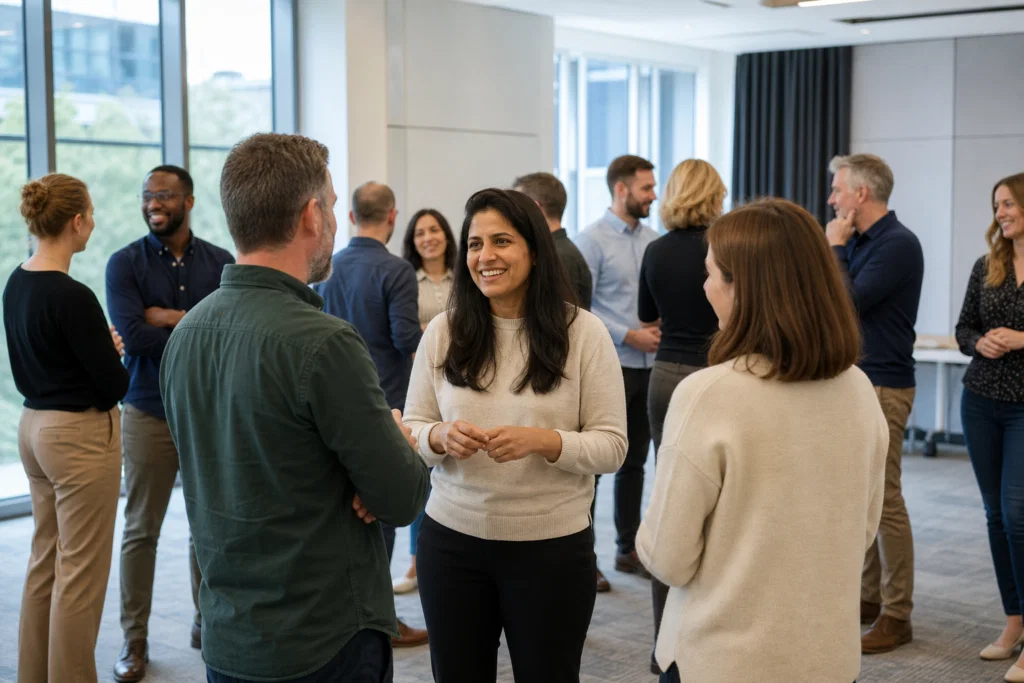 Colleagues taking part in a fun work icebreaker at an indoor corporate event