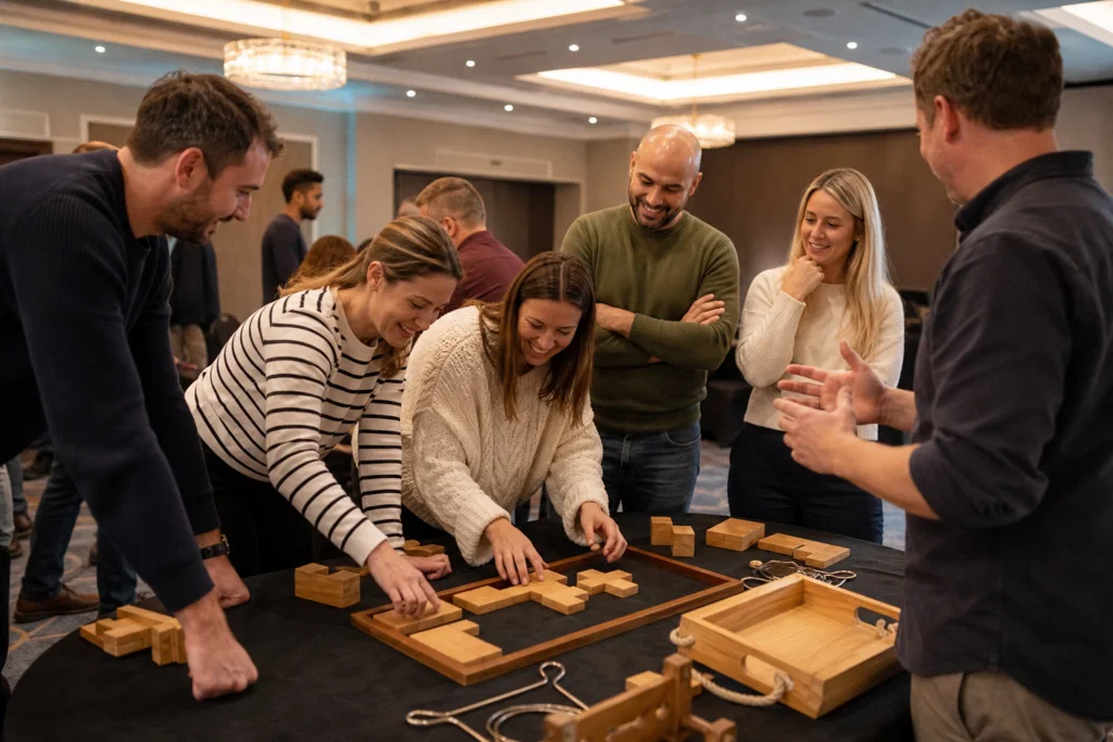 Colleagues taking part in a hosted corporate team building activity in a UK event venue