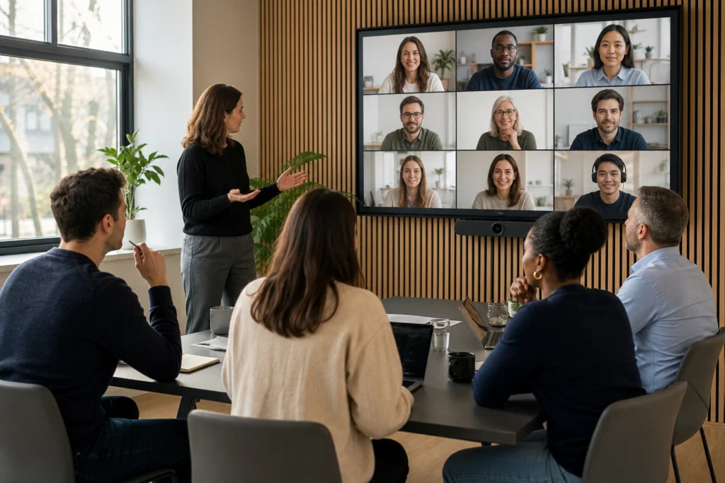 Colleagues taking part in a hybrid meeting icebreaker with remote teammates on screen