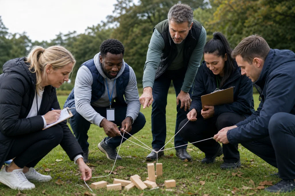 Colleagues taking part in a leadership team building activity outdoors