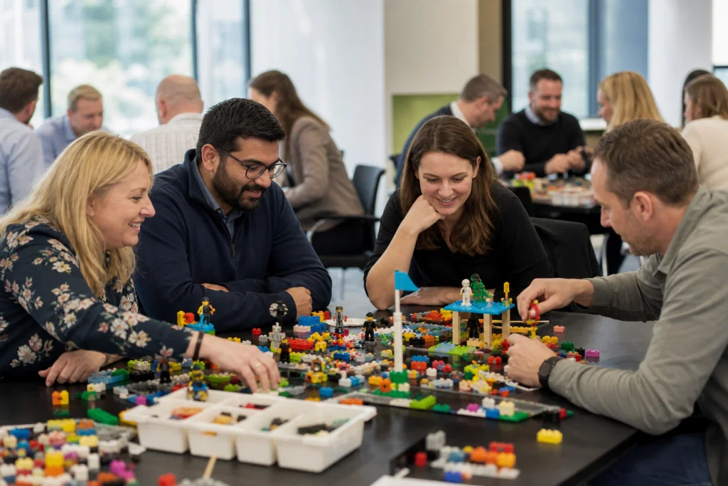 Colleagues taking part in a Lego team building workshop