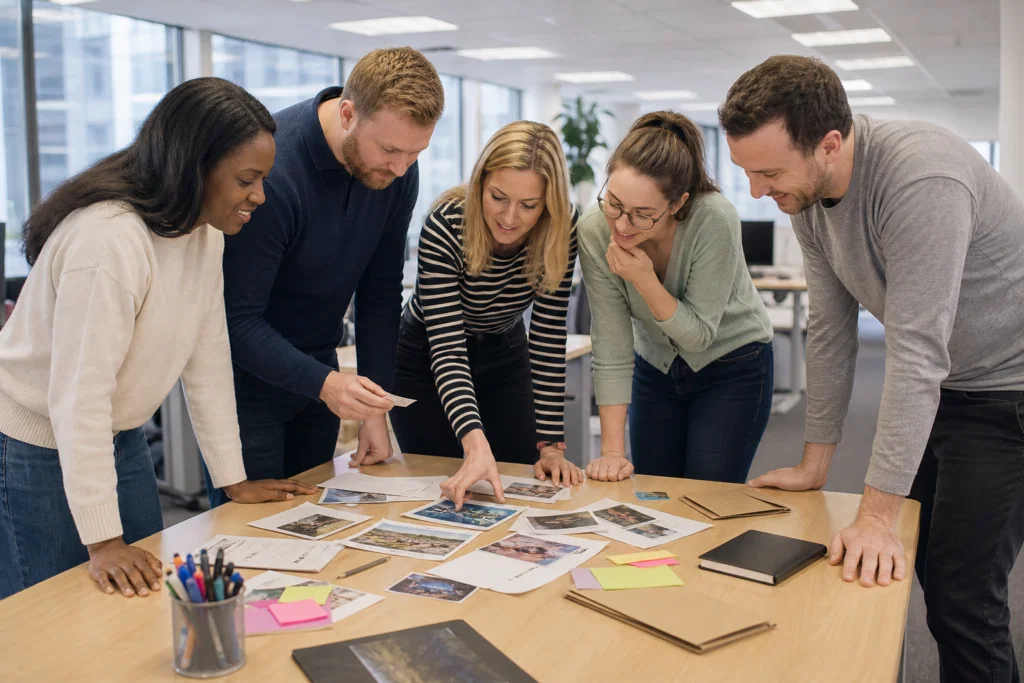 Colleagues taking part in a low-cost office team challenge