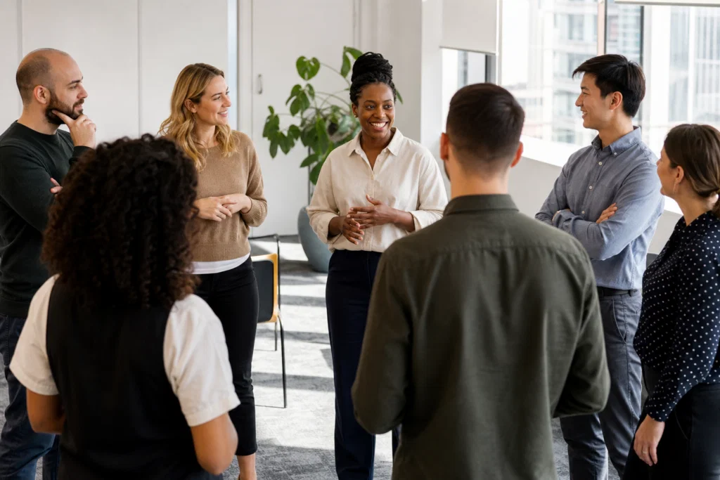 Colleagues taking part in a quick meeting icebreaker in a modern office
