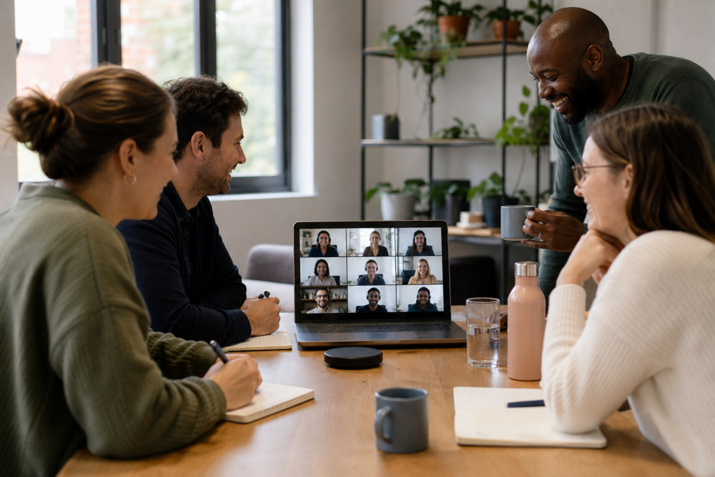 Colleagues taking part in a remote work quiz on video call