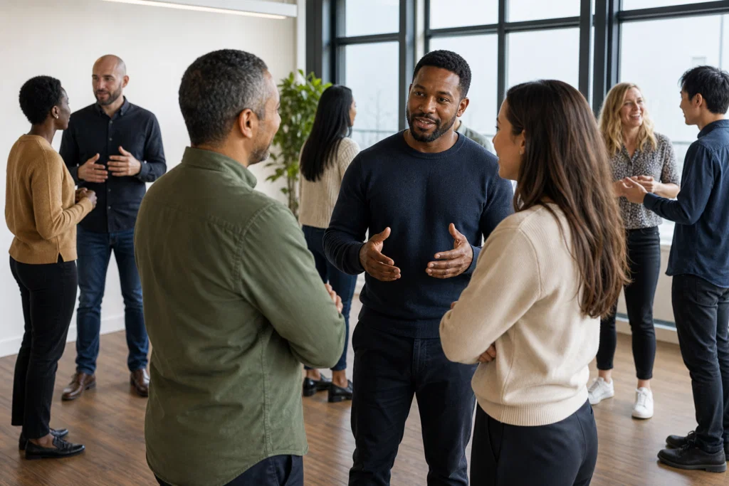 Colleagues taking part in a simple no-kit team building activity in a meeting room