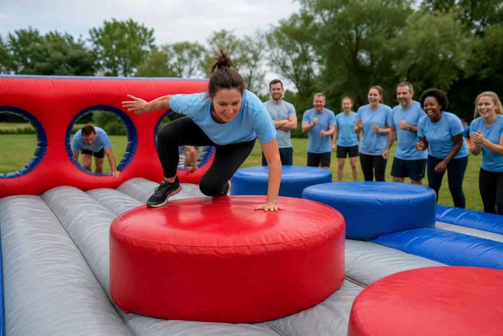 Colleagues taking part in a Total Wipeout-style inflatable team building course outdoors