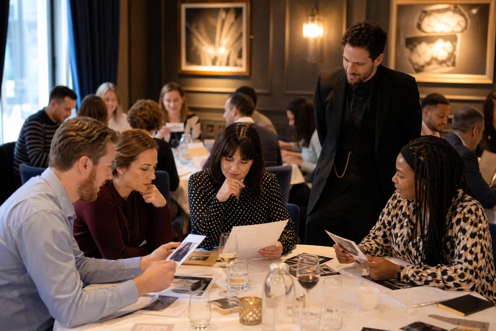 Colleagues taking part in a workplace murder mystery party
