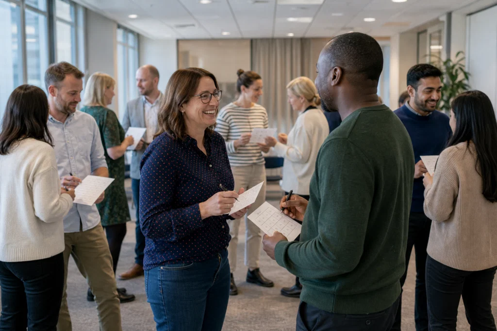 Colleagues taking part in an ice breaker bingo activity at a corporate team event