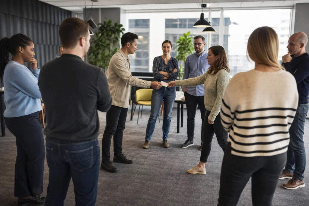Colleagues taking part in an indoor communication team building exercise