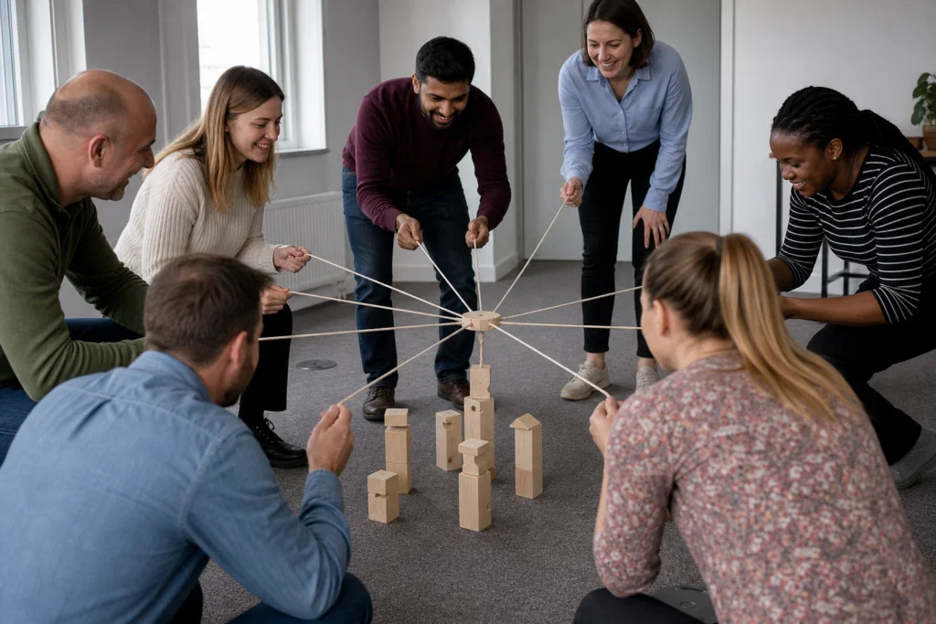 Colleagues taking part in an indoor team building challenge