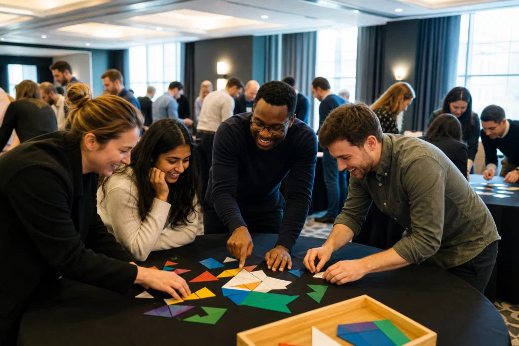 Colleagues taking part in an indoor team building challenge in a UK event room