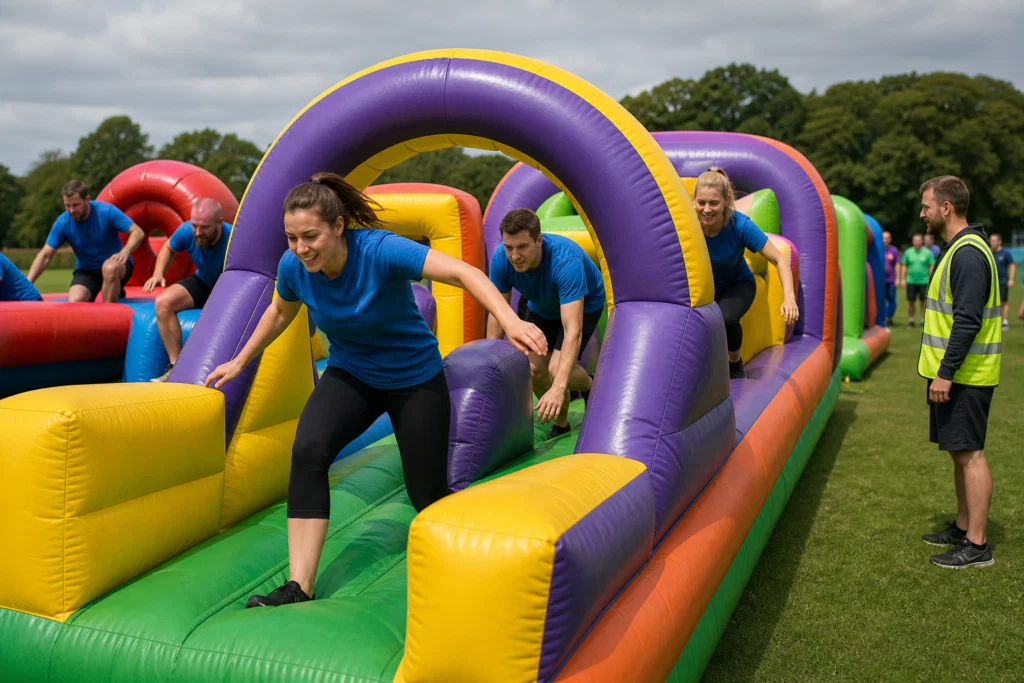 Colleagues taking part in an It's a Knockout inflatable obstacle game at a corporate team building event