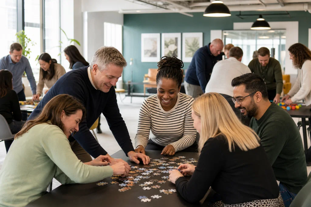 Colleagues taking part in an office team building activity in a modern UK workplace