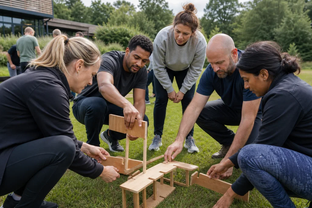 Colleagues taking part in an outdoor corporate team building challenge in the UK