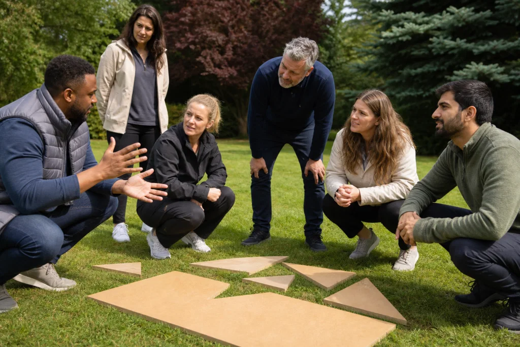 Colleagues taking part in an outdoor leadership team building activity in the UK