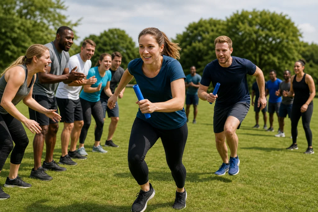 Colleagues taking part in an outdoor sports team building relay activity