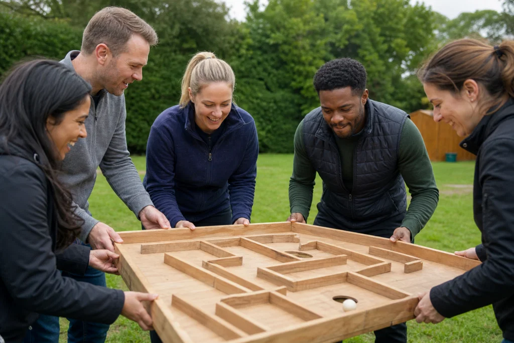 Colleagues taking part in an outdoor team building challenge during a UK corporate away day