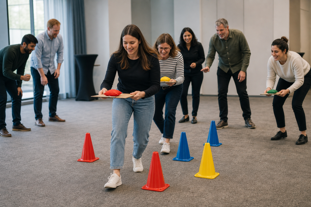 Colleagues taking part in indoor office Olympics games