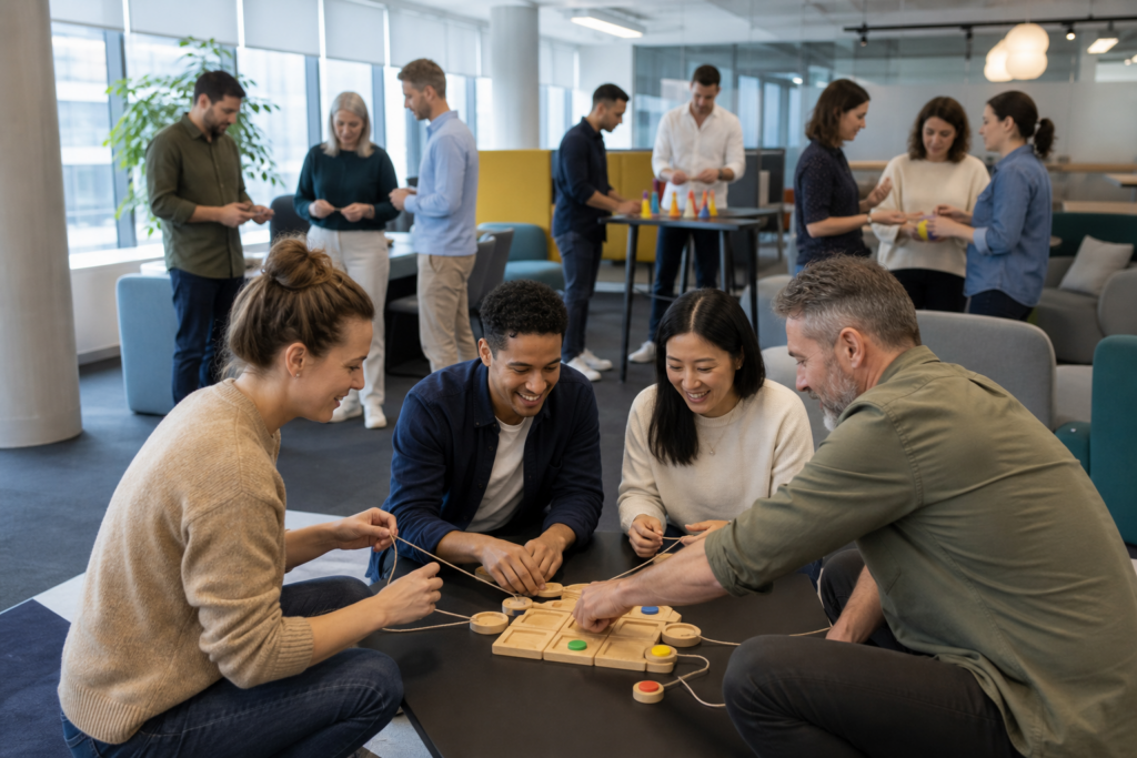 Colleagues taking part in indoor team building games at work