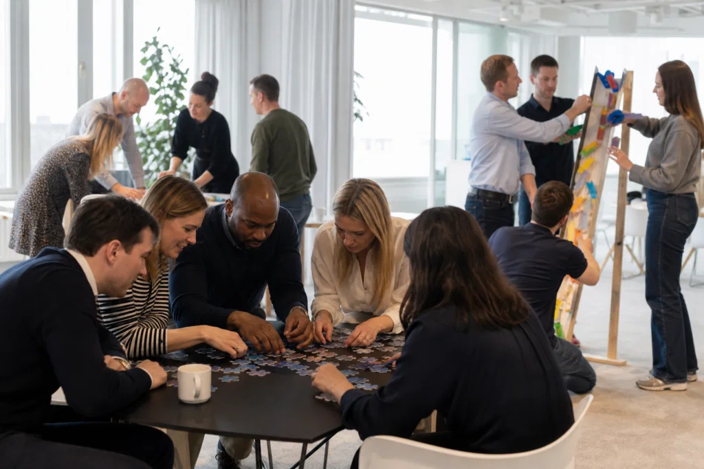Colleagues taking part in team building games at a UK corporate event