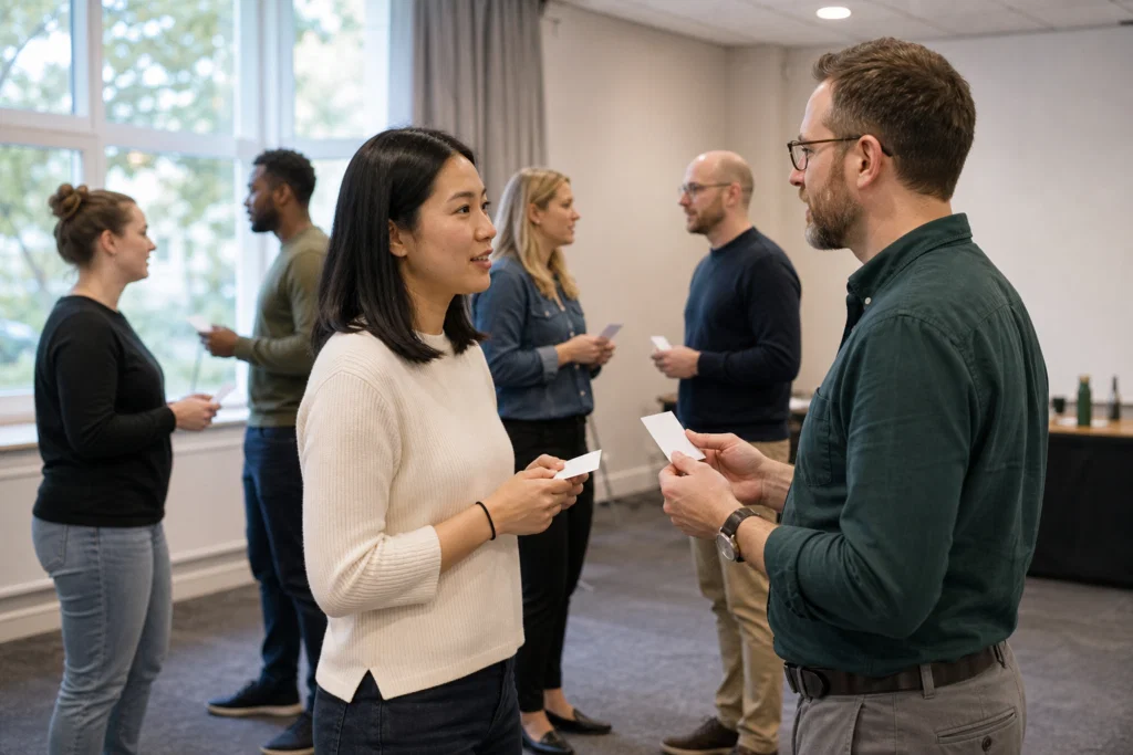 Colleagues using prompt cards during a small-group icebreaker