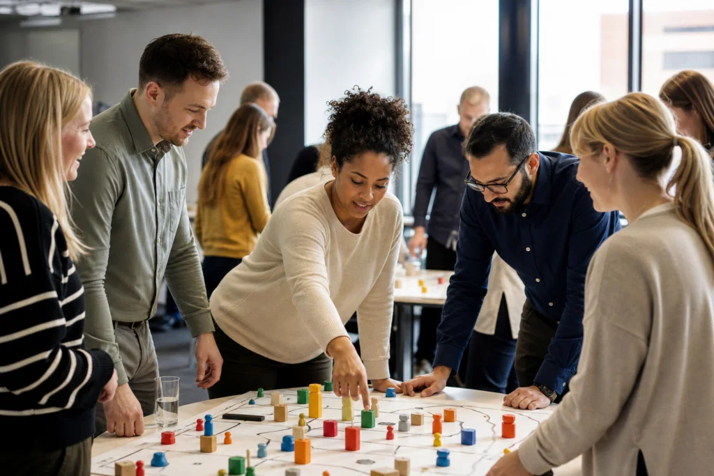 Colleagues working together during a corporate team building activity