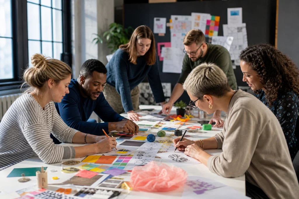 Colleagues working together during a creative team building activity