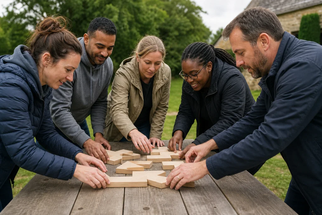 Colleagues working together during a UK corporate team building activity