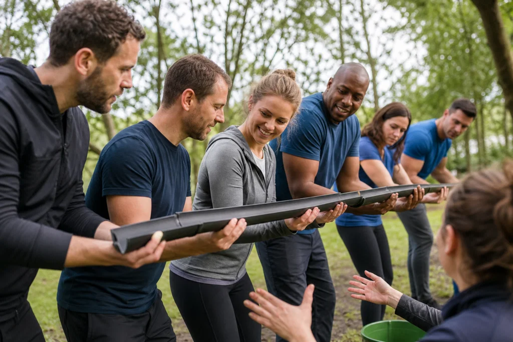 Colleagues working together during an outdoor corporate away day