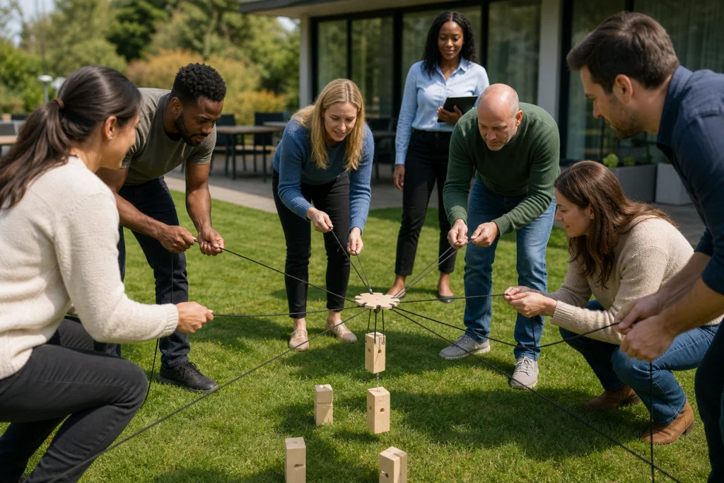 Colleagues working together during an outdoor corporate team building activity in the UK