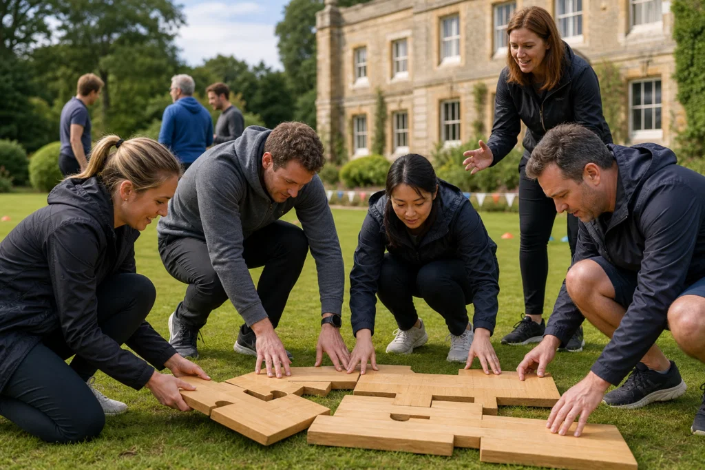 Colleagues working together during an outdoor team building challenge