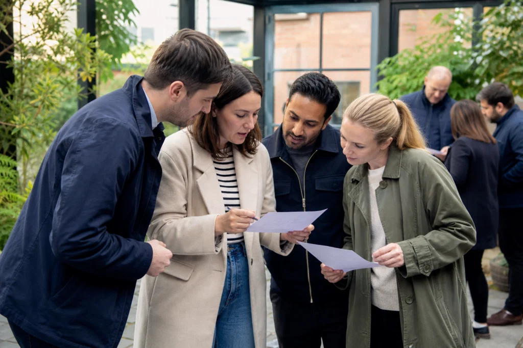 Colleagues working together on a corporate scavenger hunt at a UK event venue