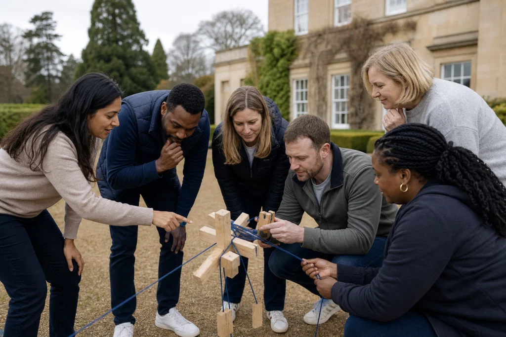 Colleagues working together on an outdoor team building challenge.