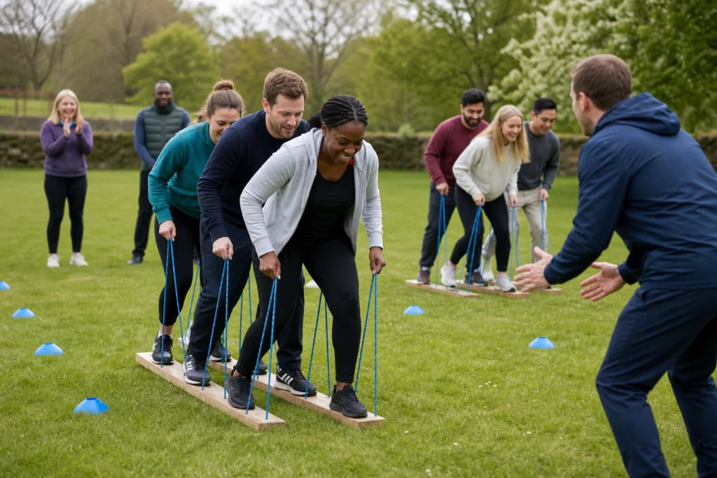Company away day participants working together in an outdoor relay activity