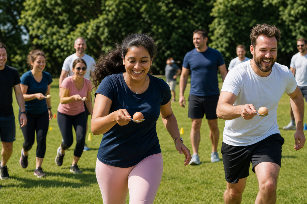 Office colleagues taking part in a relay race during a company sports day