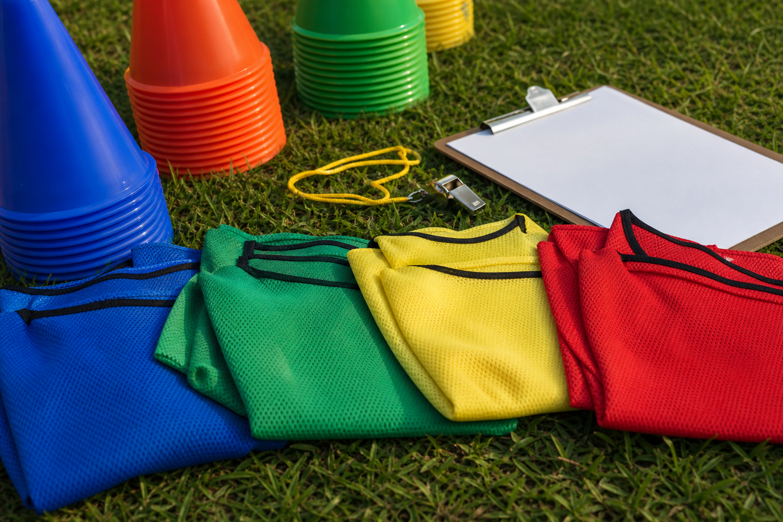 Kit laid out on grass ready for a company sports day, including cones, wristbands and a clipboard
